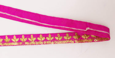 Fuchsia Pink Art Silk Trim with Gold Floral Embroidery and Gold Sequins Indian Sari Border Trim By 3 Yards Decorative Trim Craft Lace